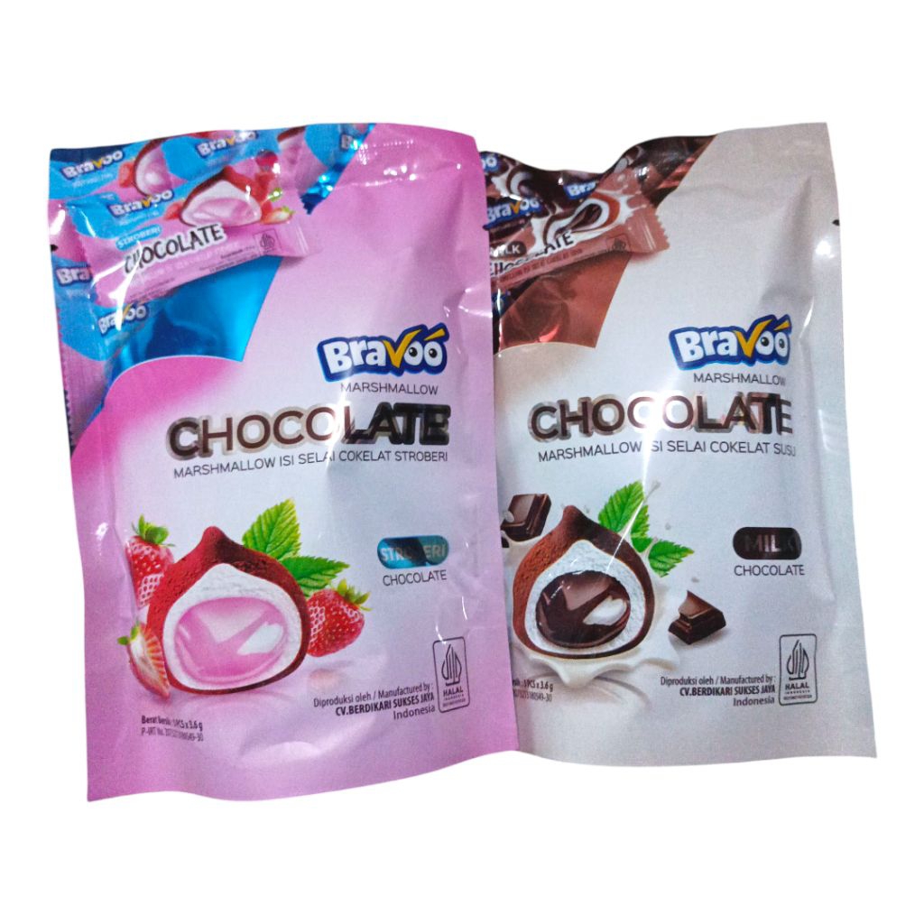 

Bravoo marshmellow 5 bungkus marshmellow isi selai coklat stroberi