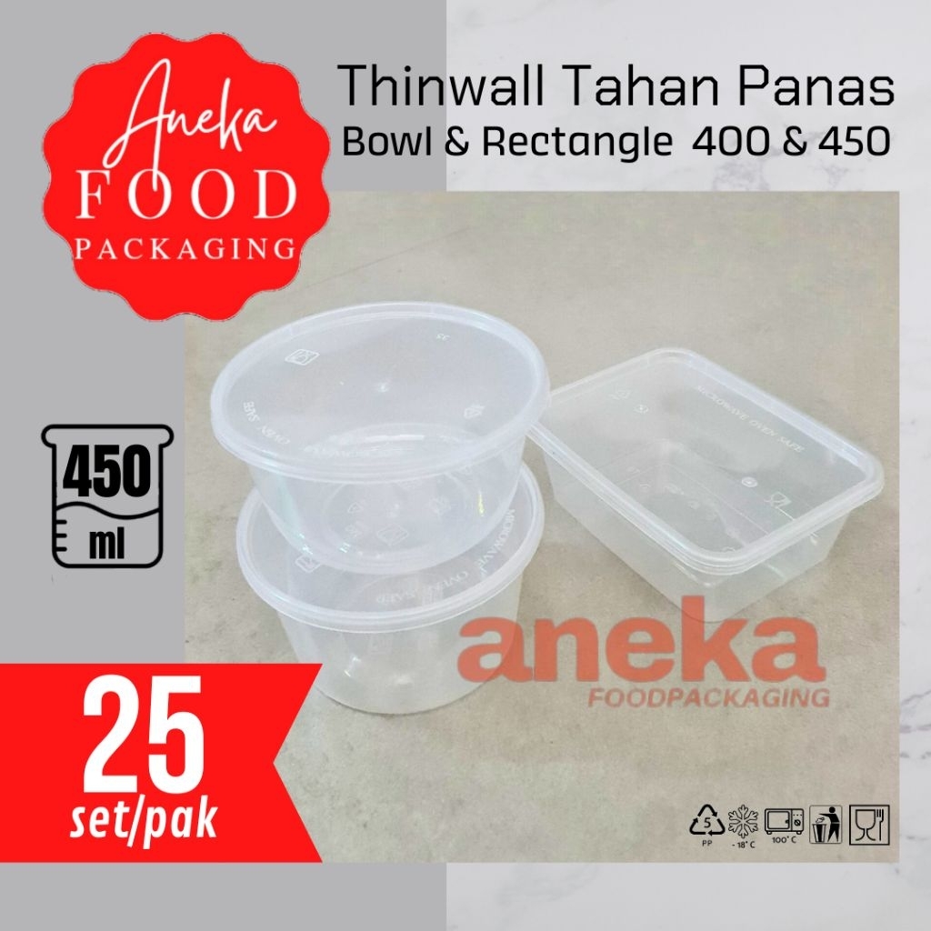 25set- Thinwall 400ml & 450ml wadah plastik RECTANGLE & BOWL REC 400 mangkok kotak persegi tahan pan