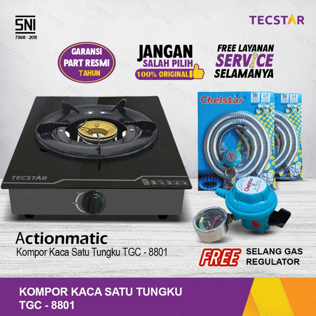 TECSTAR Kompor Gas Kaca TGC-8801 Actionmatic Satu Tungku Free Selang & Regulator Gas SNI Hitam