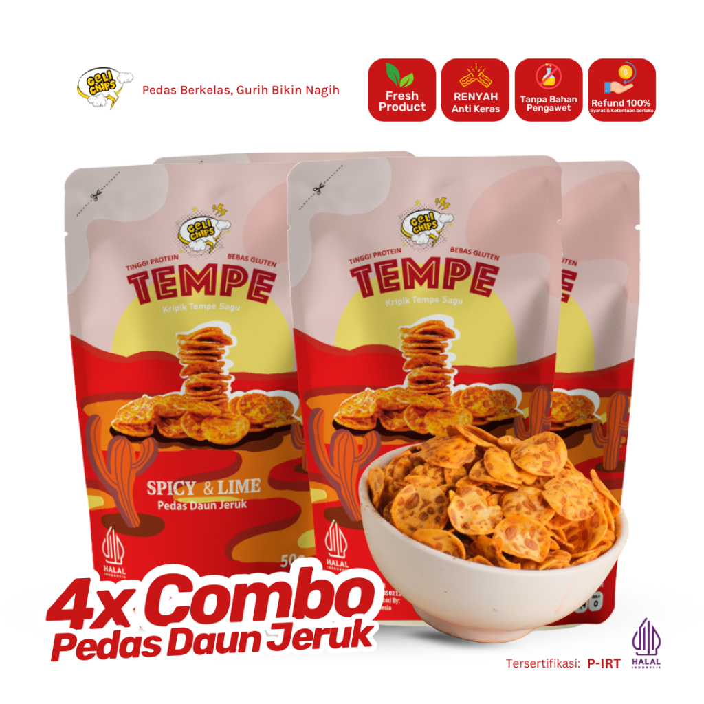 

GELICHIPS - Paket Combo 4pcs Keripik Tempe Pedas Daun Jeruk Gutrih Renyah 50gr