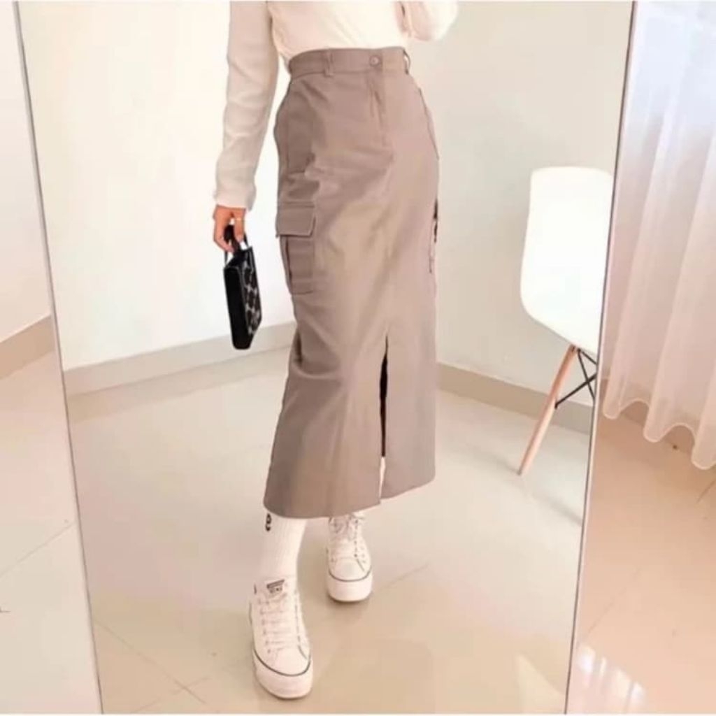 Rok Cargo Bahan Katun Twill Variasi Rok Belah Depan||Rok Nuna||Rok Kancing Belah Belakng||Rok Serut|