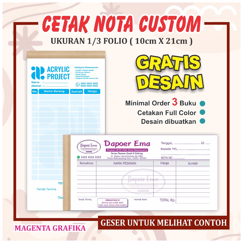 

cetak nota custom 1 ply 2 ply 3 ply nama usaha toko sendiri ukuran sedang gratis desain 1/3 polio