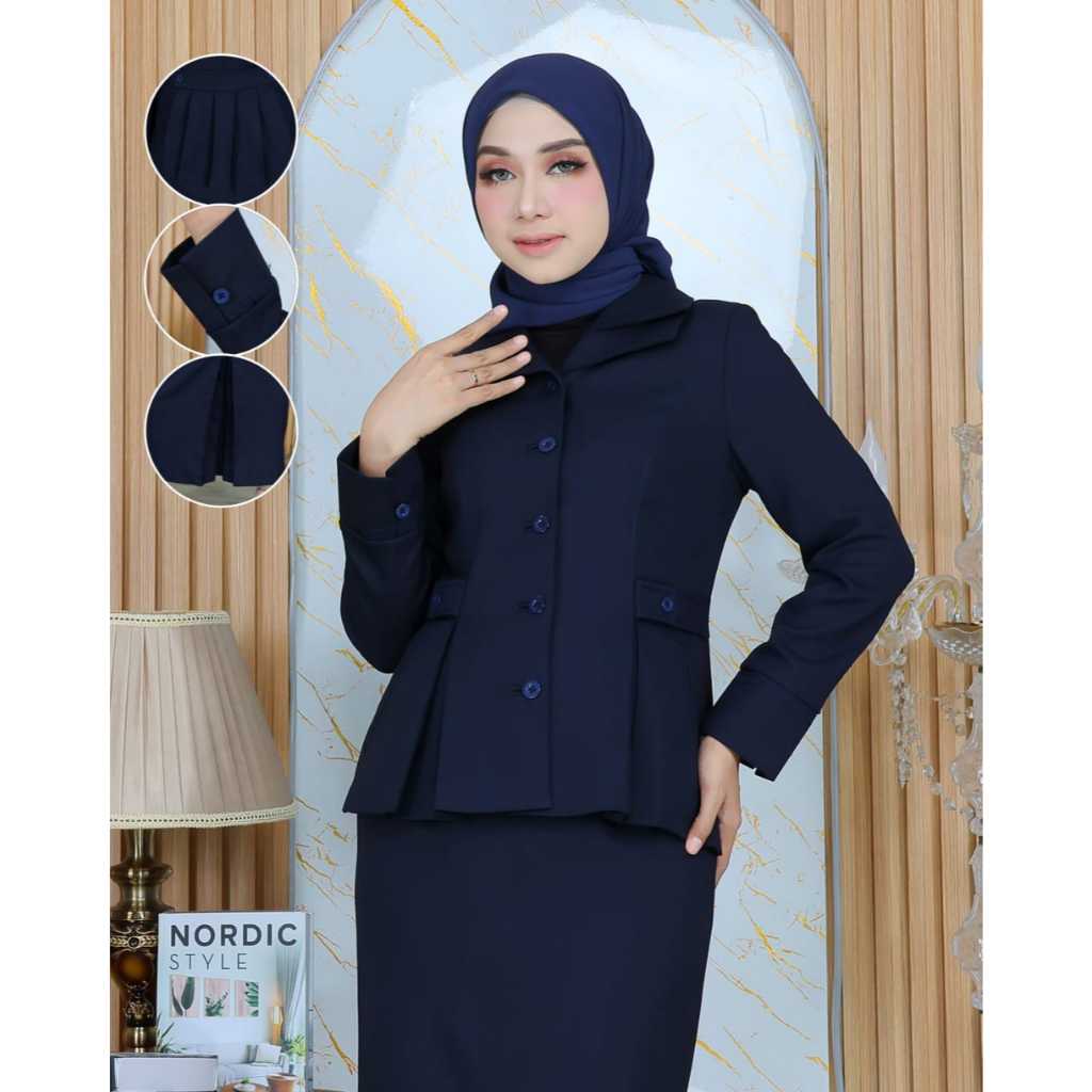 Baju Kerja Seragam Dinas Guru Biru Dongker Standar Krah Susun Wanita Setelan Rok Span Poliester FRee