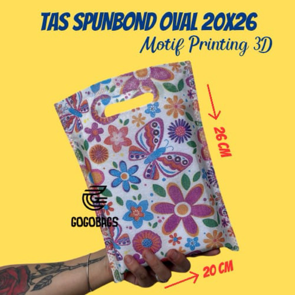

OVAL PRINTING 20X26 Tas Spunbond Oval Ukuran 20x26 cm, goodiebag 20x26, tas spunbond motif Printing 3D