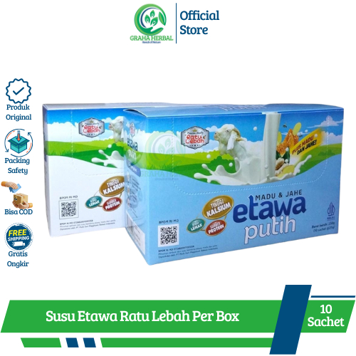 

Susu Kambing Etawa Ratu Lebah Per Box Rasa Madu & Vanila | Madu & Jahe Kemasan Box Isi 10 Sachet