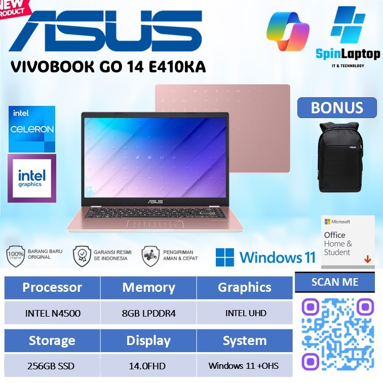 LAPTOP ASUS 3 JUTAAN RAM 8GB | ASUS VIVOBOOK GO 14 E410KA N4500 WINDOWS 11 +OHS BARU RESMI