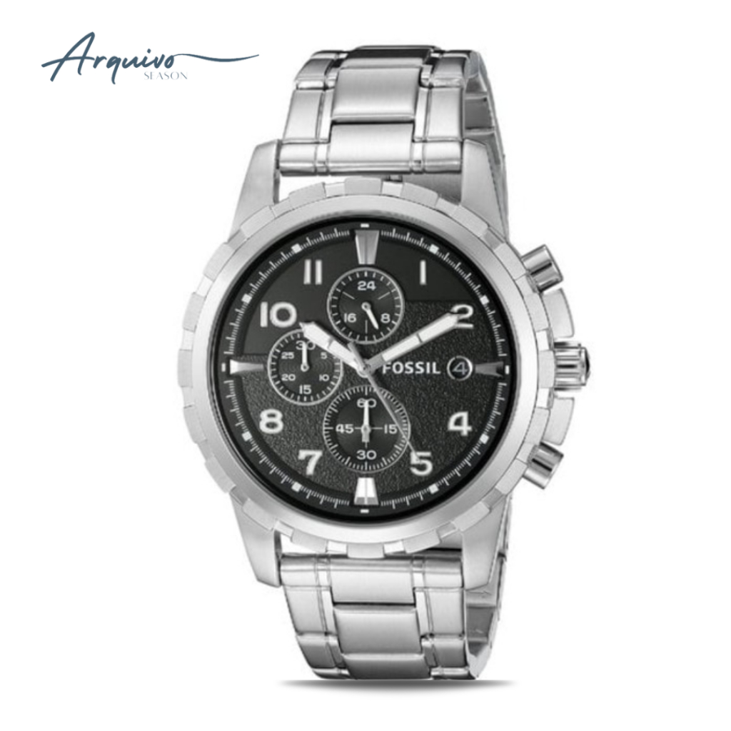 Jam Tangan Fossil Pria Dean Chronograph Silver Stainless Steel Black Dial Sporty Mewah Original FS45