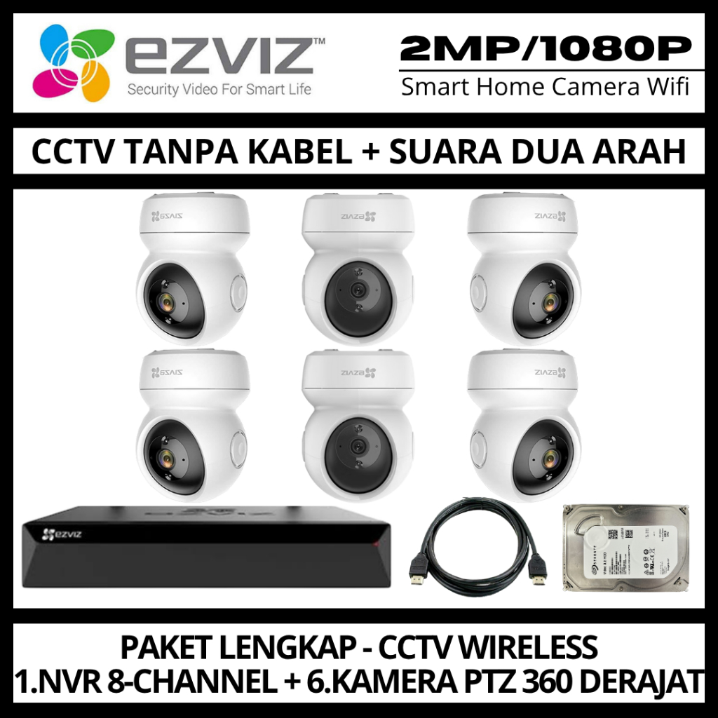 Paket CCTV EZVIZ 2MP 8 Channel 6 Kamera CCTV WIFI Camera Wireless Kamera Wifi