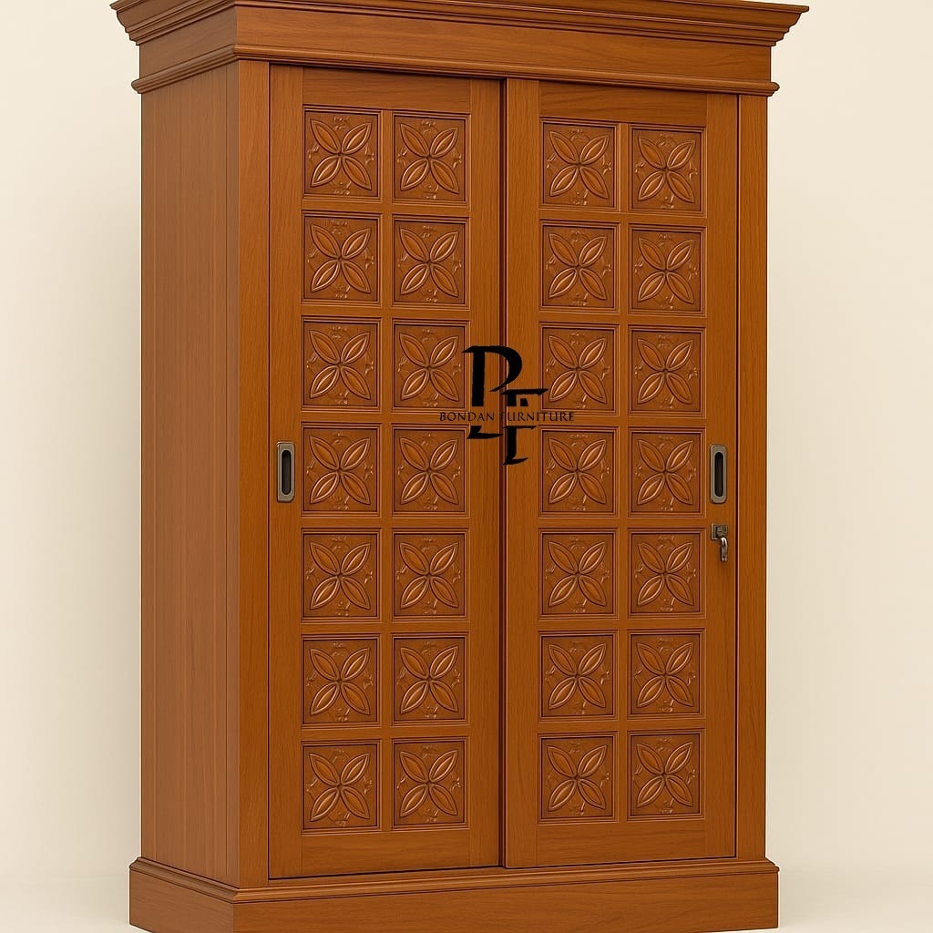 lemari pakain kayu jati pintu 2 sleding ukiran jepara