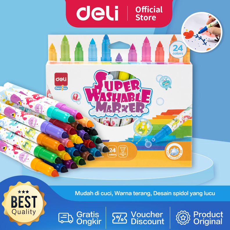 

KODE P2J Deli Washable Marker Spidol Warna Anak 12 24 Warna Mudah Dicuci Tersertifikasi Aman EC155