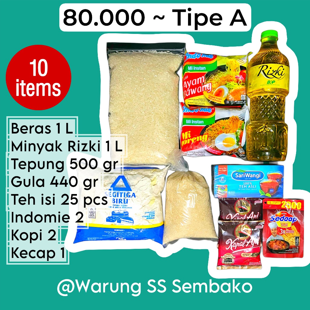

Paket Sembako 80ribu Tipe A - Beras Minyak Goreng Gula Pasir Tepung Indomie Teh Kopi Kecap Lengkap Hemat
