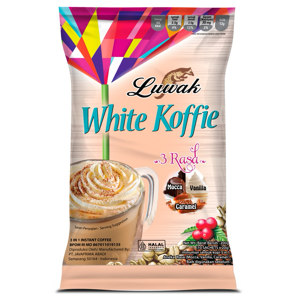 

Kopi Luwak White Koffie 3 Rasa (Mocca,Vanilla,Caramel) Random 10x20gr