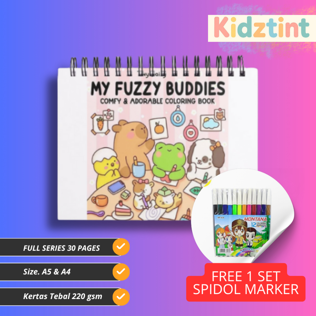 

[40 Pages] My Fuzzy Buddies Coloring Pages - Buku Gambar Mewarnai - Free Spidol Marker