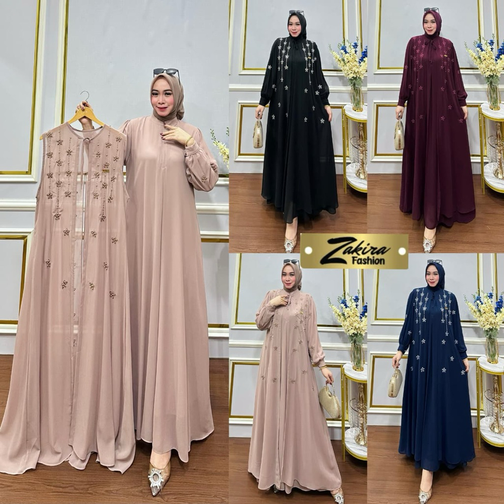 ZAKIRA FASHION - Gamis Wanita Inner Outer Bahan Ceruty Babydoll Bordir Aksen Payet Mutiara