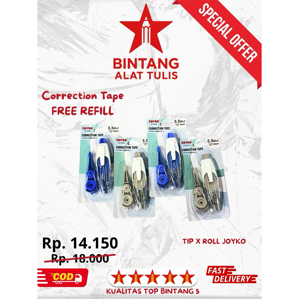 

Correction Tape Joyko CT-520 + Refill | Tip X Joyko Isi Ulang 5.5mm x 2 | Tip-X Koreksi Panjang