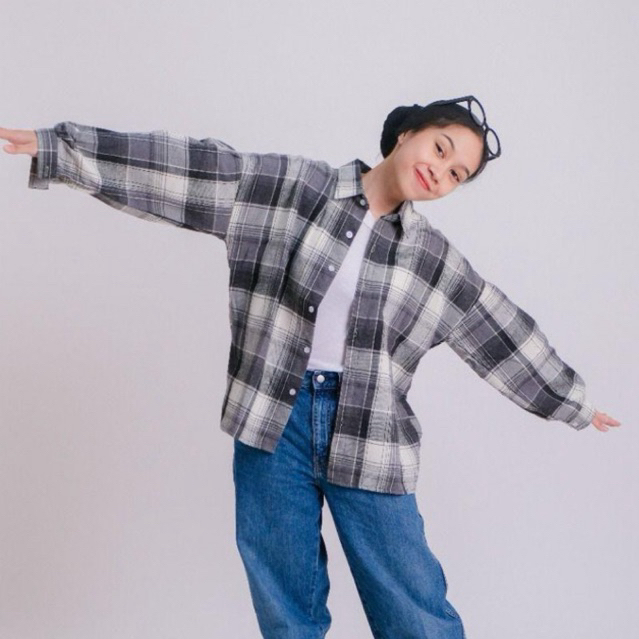 KMJK - Kemeja Wanita Flanel Oversize Bubble Sleeve Korea Style