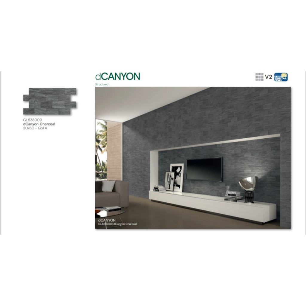 KERAMIK MERK ROMAN INTERLOK TILES TIPE dCANYON CHARCOAL UKURAN 30X60 PERMUKAAN TEKSTURE MATT STRUCTU