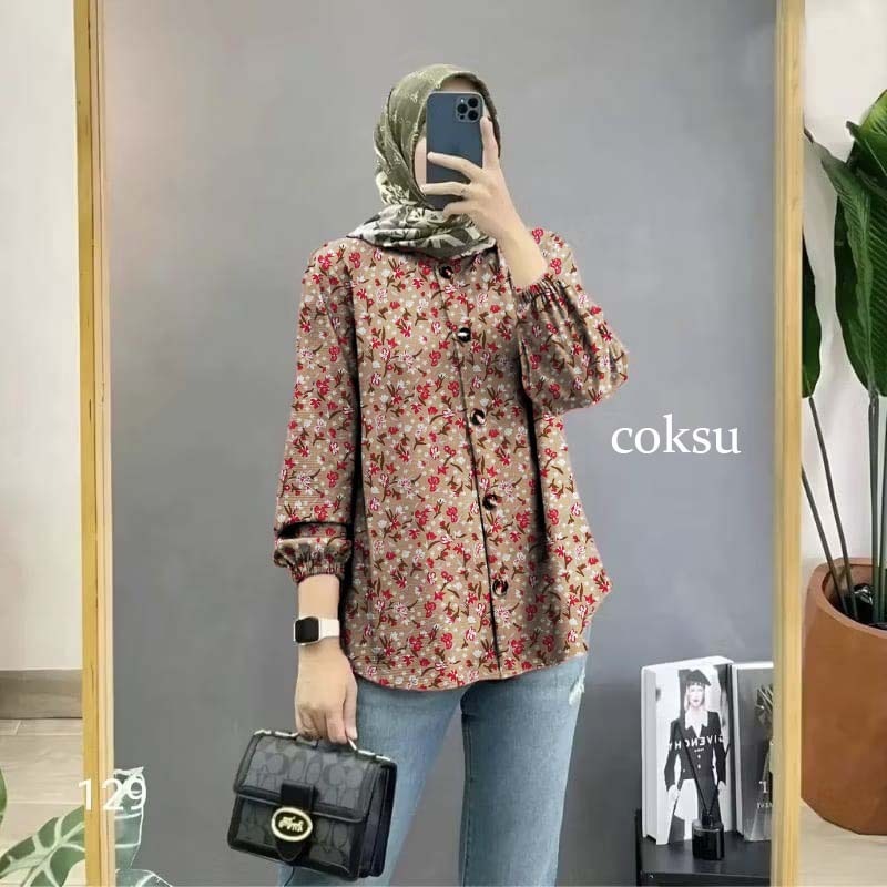New Blouse Atasan Wanita Blus Motif Bunga Lengan Panjang