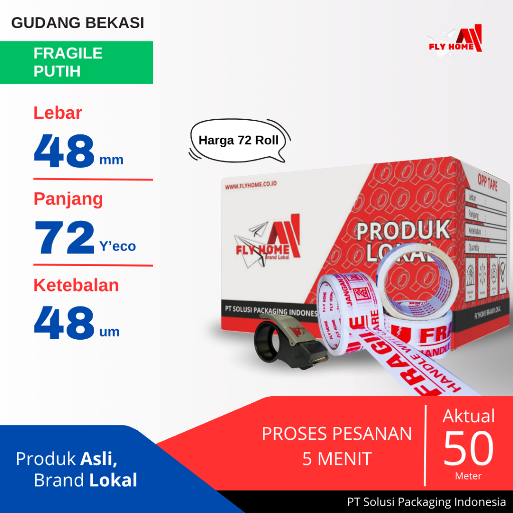 

FLYHOME 1Dus Lakban Fragile Putih 48x72Y 2inci Uk Besar 72Roll ECO 72 Yard CARGO