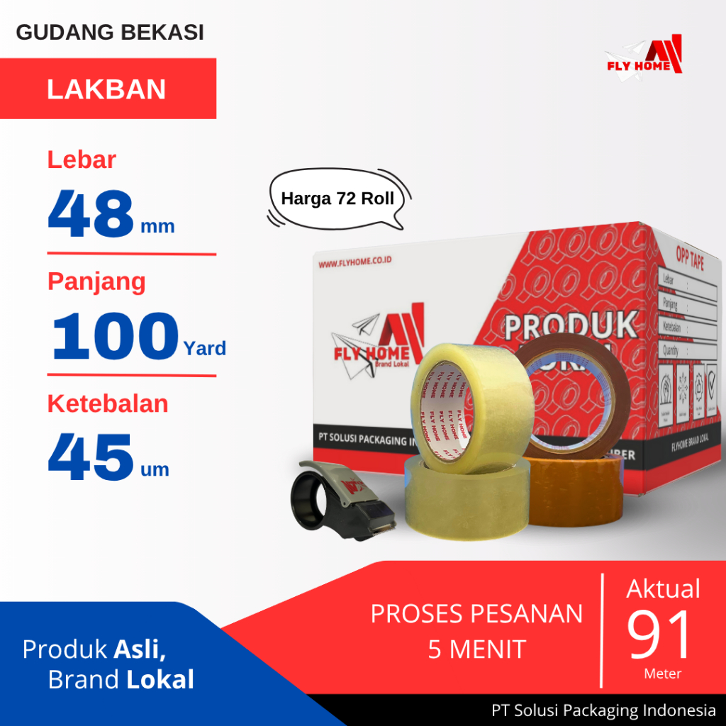 

FLYHOME 1Dus Lakban Bening Coklat 48x100Y 2inch 91METER 100 Yard CARGO