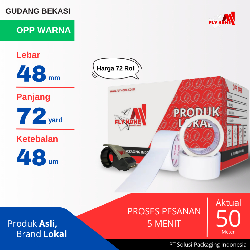 

FLYHOME 1Dus Lakban Warna Putih 48x72Y 2Inchi 72 Yard CARGO