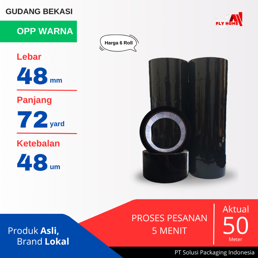 

FLYHOME 6 Roll Lakban Warna Hitam 48x72Y 2 Inchi 72 Yard