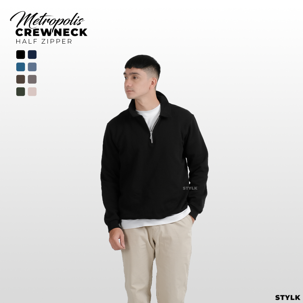 Stylelaki - Sweater Crewneck Katun Fleece Polos Hitam Zipper Metropolis