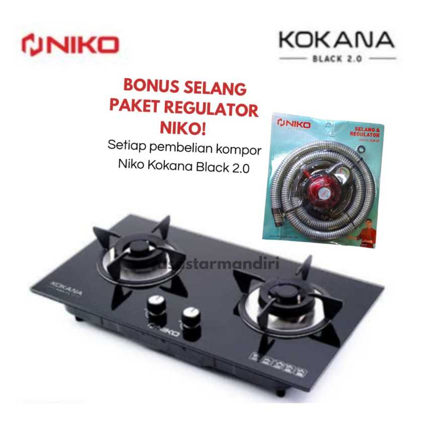 KOMPOR GAS TANAM 2 TUNGKU NIKO KOKANA BLACK 2.0 / KOMPOR KACA TANAM GRATIS SELANG PAKET REGULATOR NI