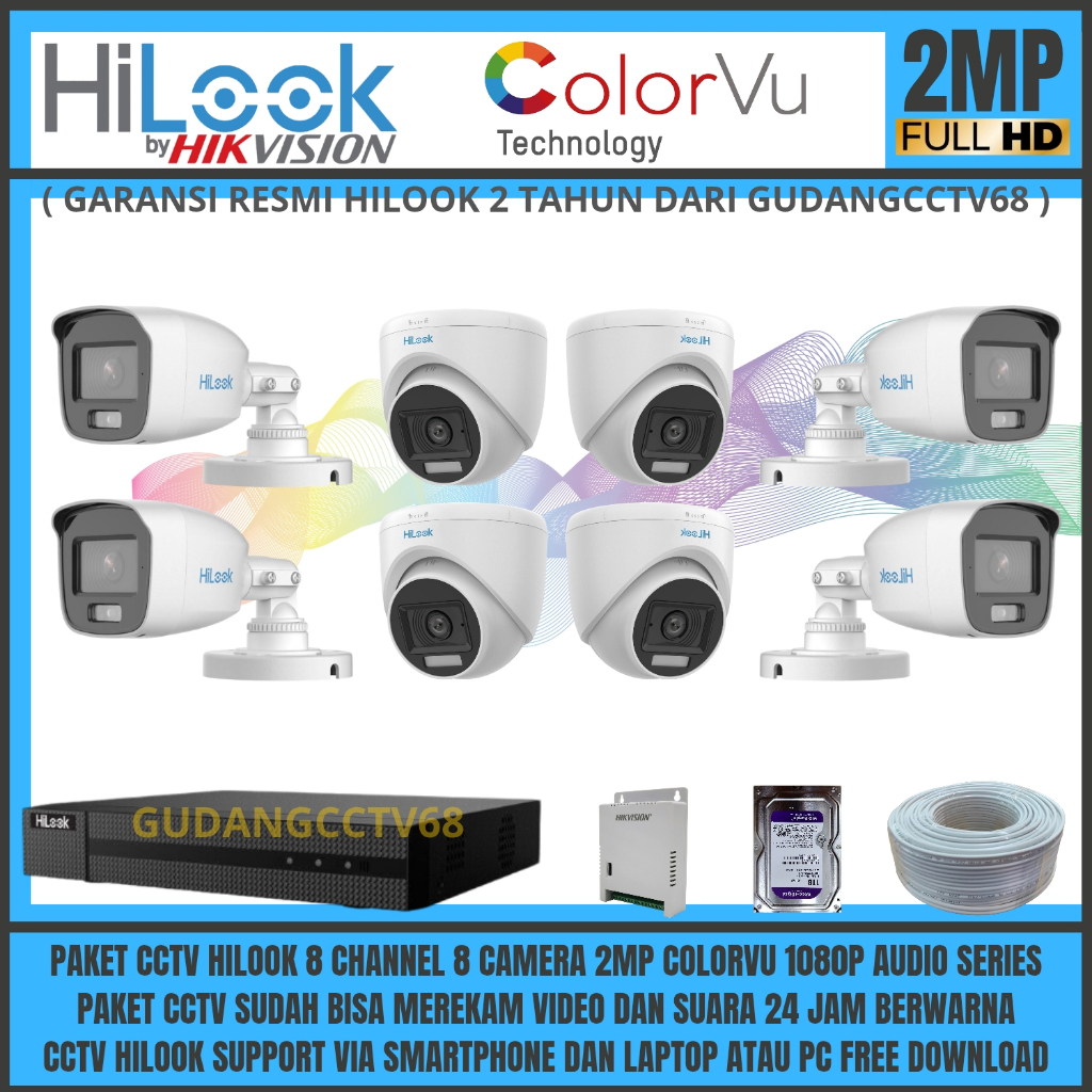 Paket Cctv HiLook Colorvu 8 Channel 8 Camera Hilook 2mp Audio Series Paket Komplit  Tinggal Pasang