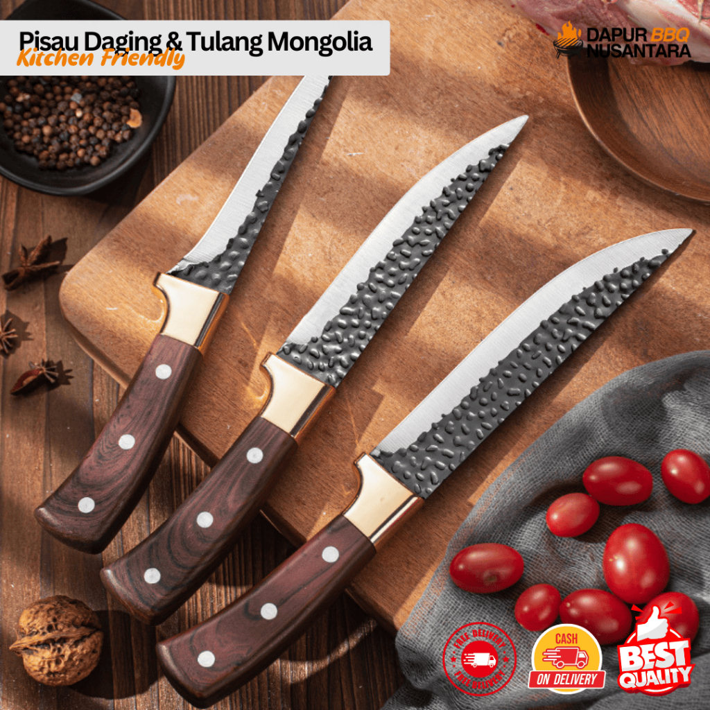 Set Pisau Daging Mongolia Tajam & Elegan + Blok Kayu – Anti Karat | Dapur BBQ Nusantara