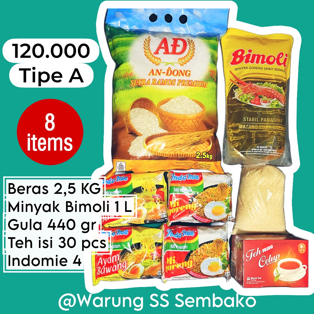

Paket Sembako 120ribu Tipe A - Beras 2,5 KG Minyak Goreng Bimoli Gula Pasir Teh Indomie Hemat Murah
