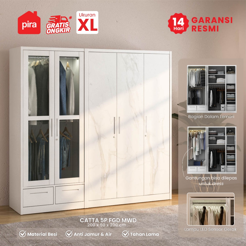 PIRA -  CATTA 5P FGD MWD Lemari Pakaian Besi 5 Pintu dengan Laci dan LED