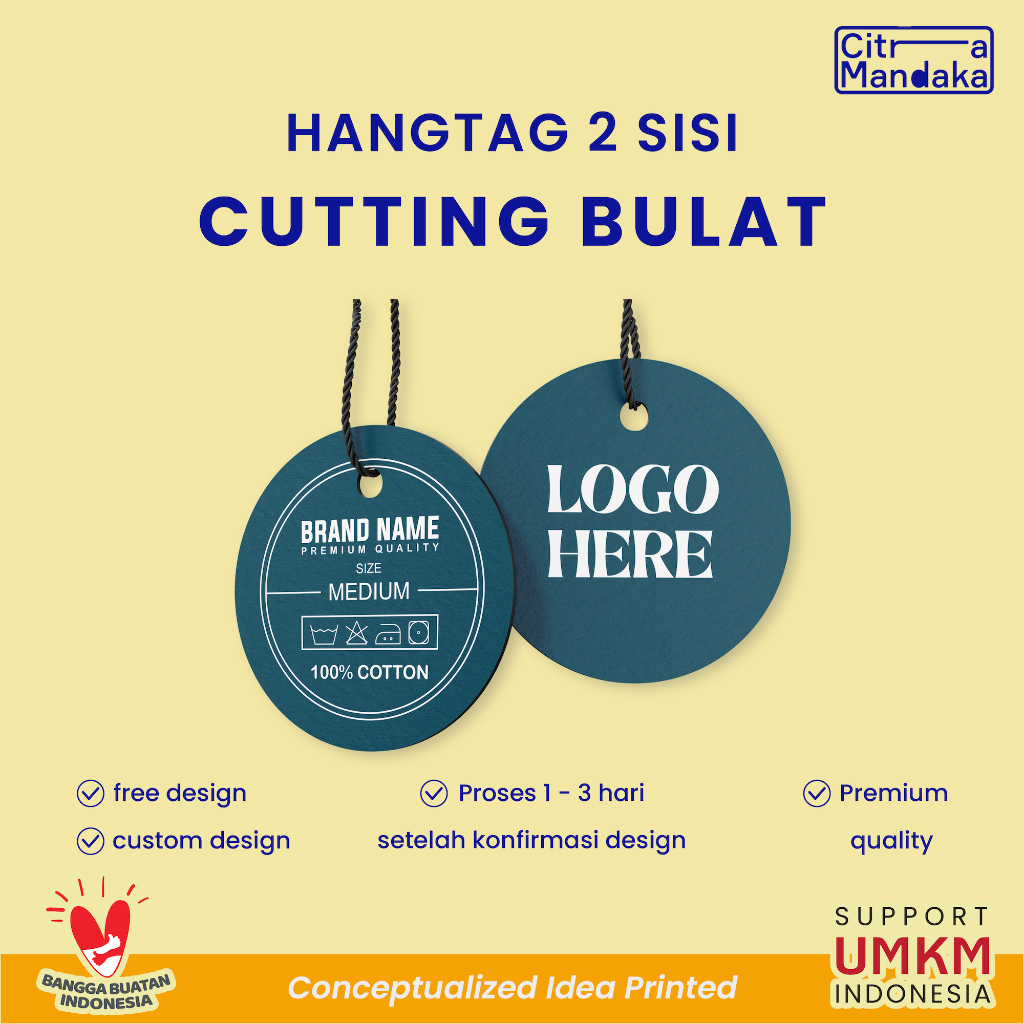 

Cetak Label Baju Custom 2 Sisi Bentuk Bulat | Hang Tag / Souvenir / Hampers