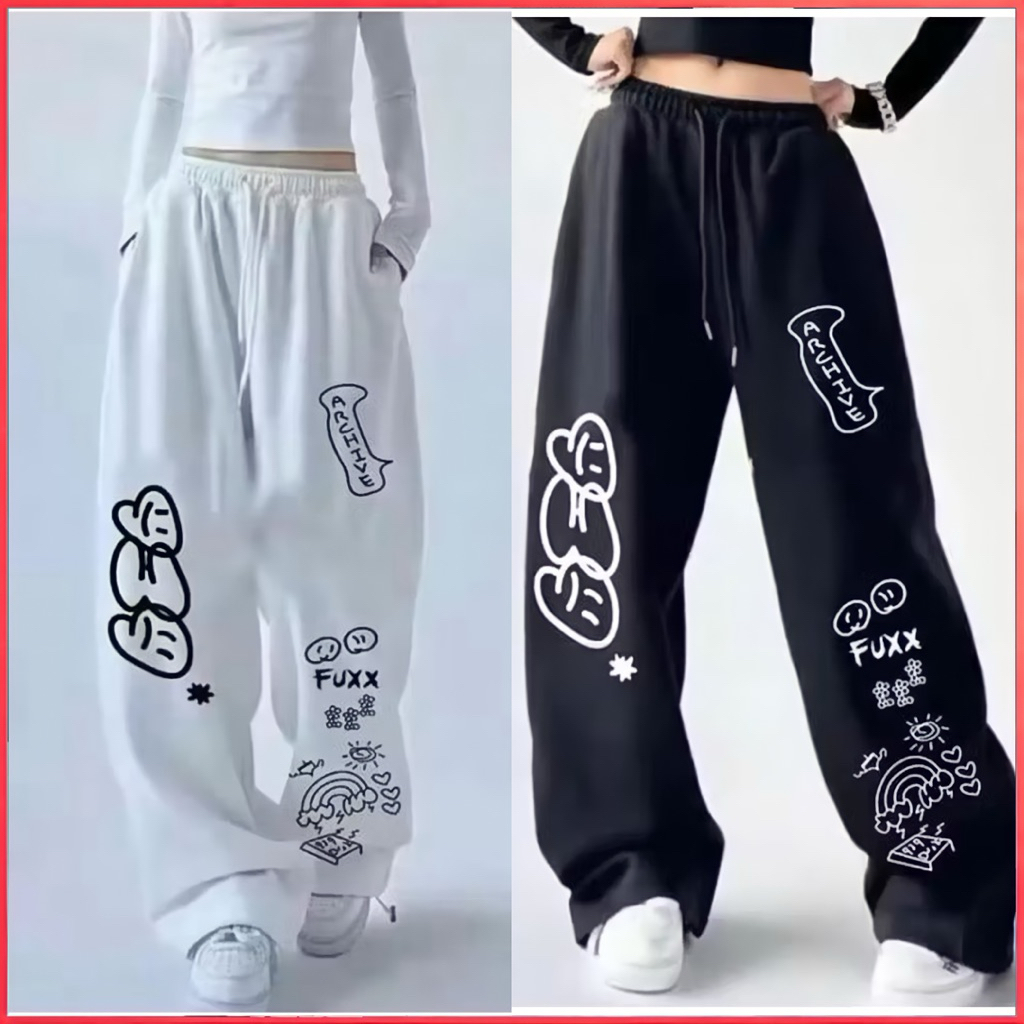 Pariroo Celana Kulot Fuxx Archive | Celana Jogger Wanita Oversize Motif Grafiti Kartun | Celana Stre