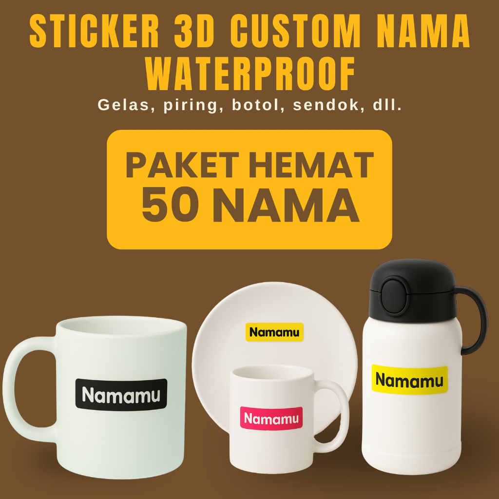 

50 Pcs Stiker Barang Custom Nama Piring Sendok Botol Gelas Perabotan timbul waterproof label