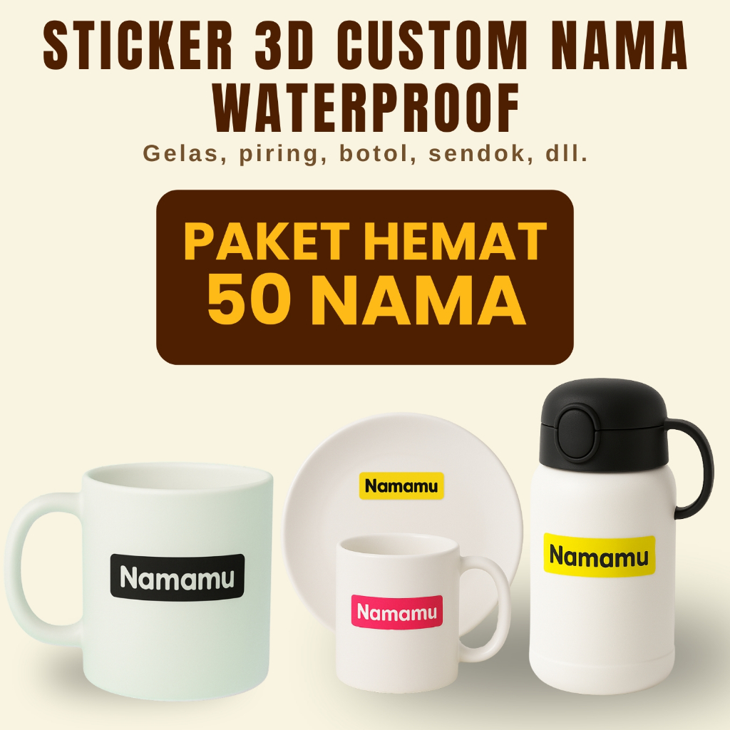 

50 Pcs Stiker Barang Custom Nama Piring Sendok Botol Gelas Perabotan timbul waterproof label