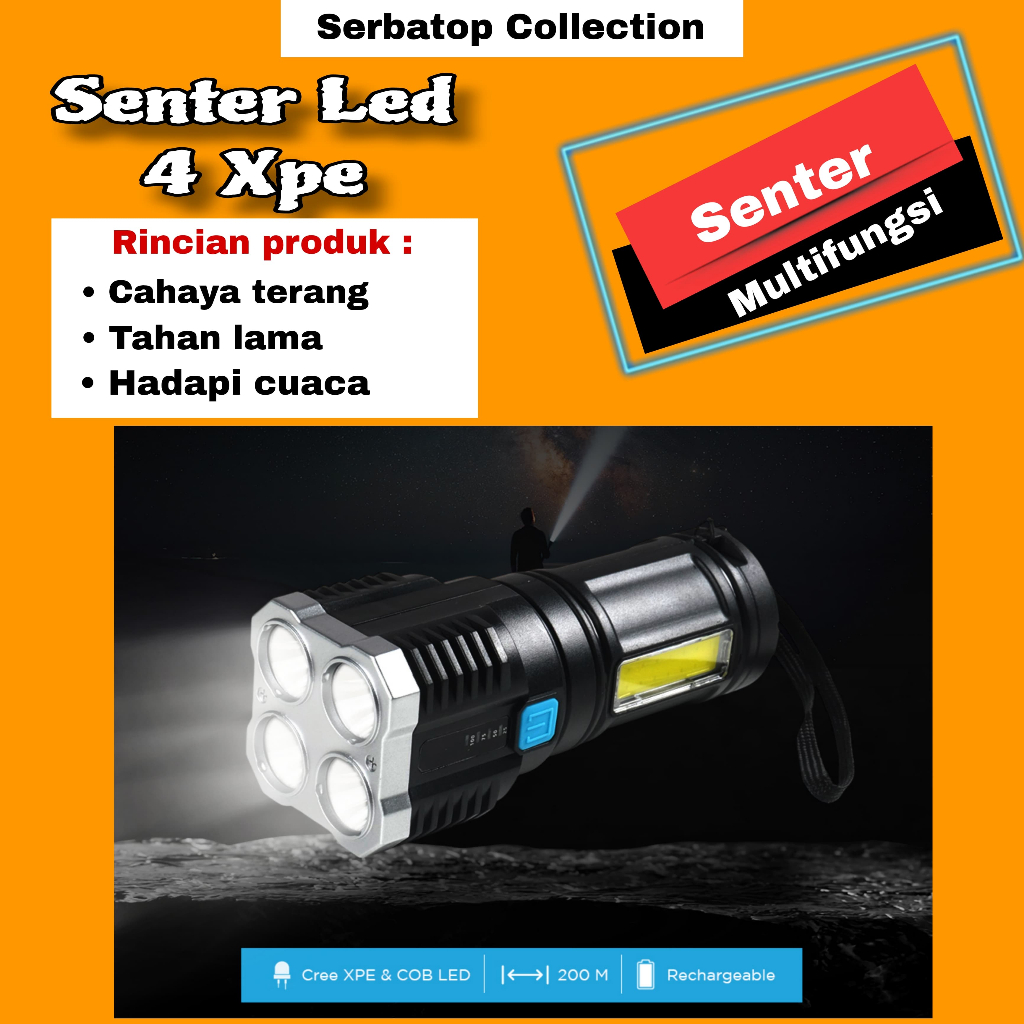 Senter 4 LED XPE COB Super Terang Light Jarak Jauh Penerangan Camping Piknik Swat Police Mode Portab