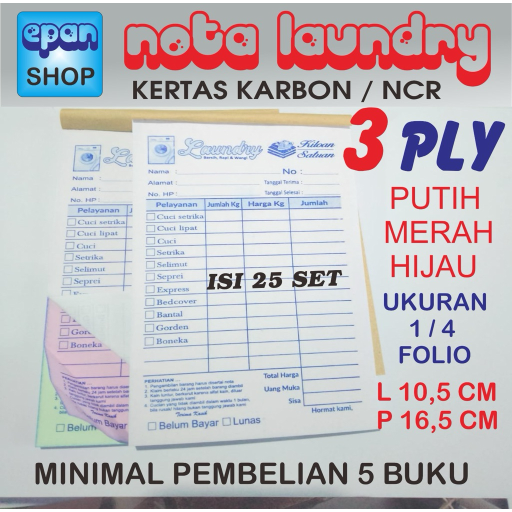 

Nota Laundry 3 ply ukuran 1/4 folio (10,5 x 16,5 cm) isi 25 set. Ready Stock minimal 3 buku