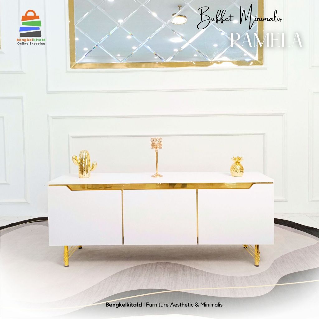 Meja TV Pamela Rak TV Minimalis Modern Aesthetic / Kabinet TV Mewah 3 Laci Kayu Solid Duco HPL Gloss