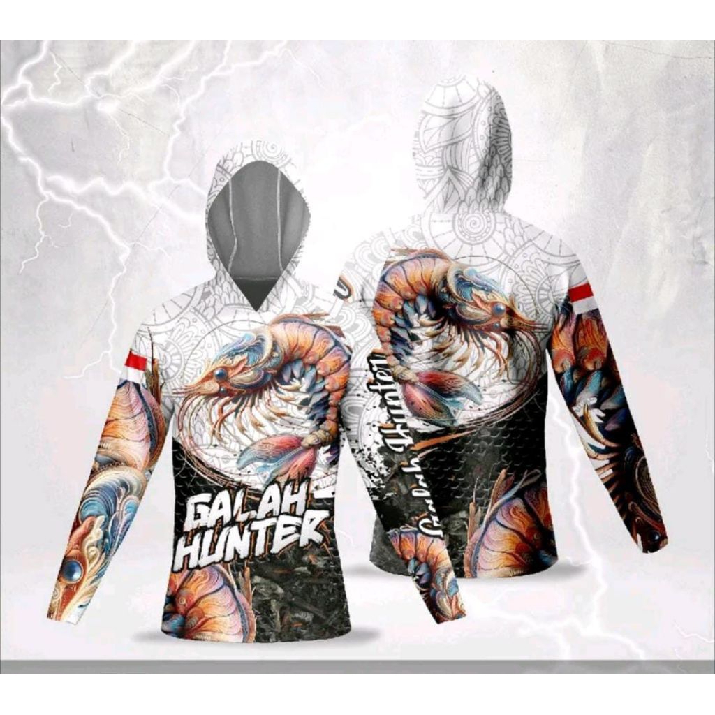 Baju Udang Galah Hunter Jersey Udang Lengan Panjang Kupluk Printing Dryfit