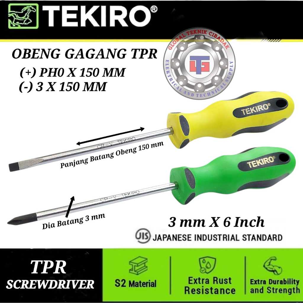 Obeng Gagang TPR Tekiro 3 mm X 6 Inch (Plus PH0 X 150 mm +) (Minus 3 mm X 150 mm -) TPR Screwdriver