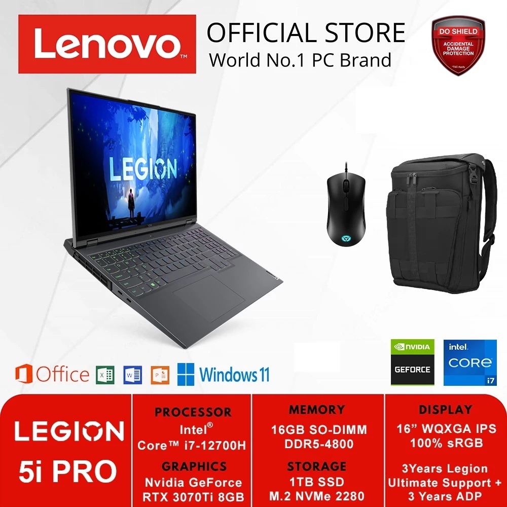 Lenovo Legion 5 Pro 16IAH7H Intel Core i7 12700H 16GB 1TB RTX3070Ti-8GB W11+OHS 16" Include Asuransi