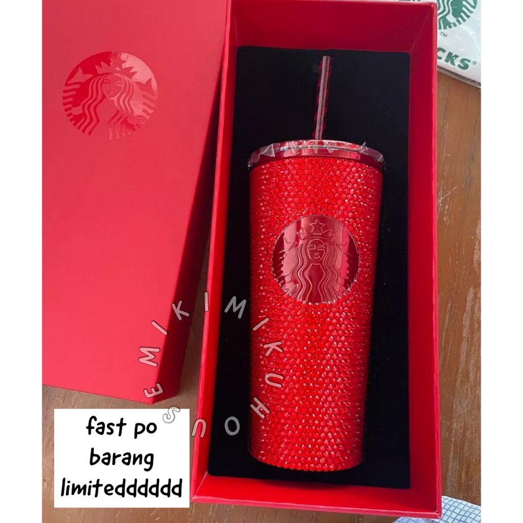 LIMITED EXCLUSIVE STARBUCKS ARDENT RED BLING RUBY RED STAINLESS STEEL TUMBLER RHINESTONE DIAMOND STU