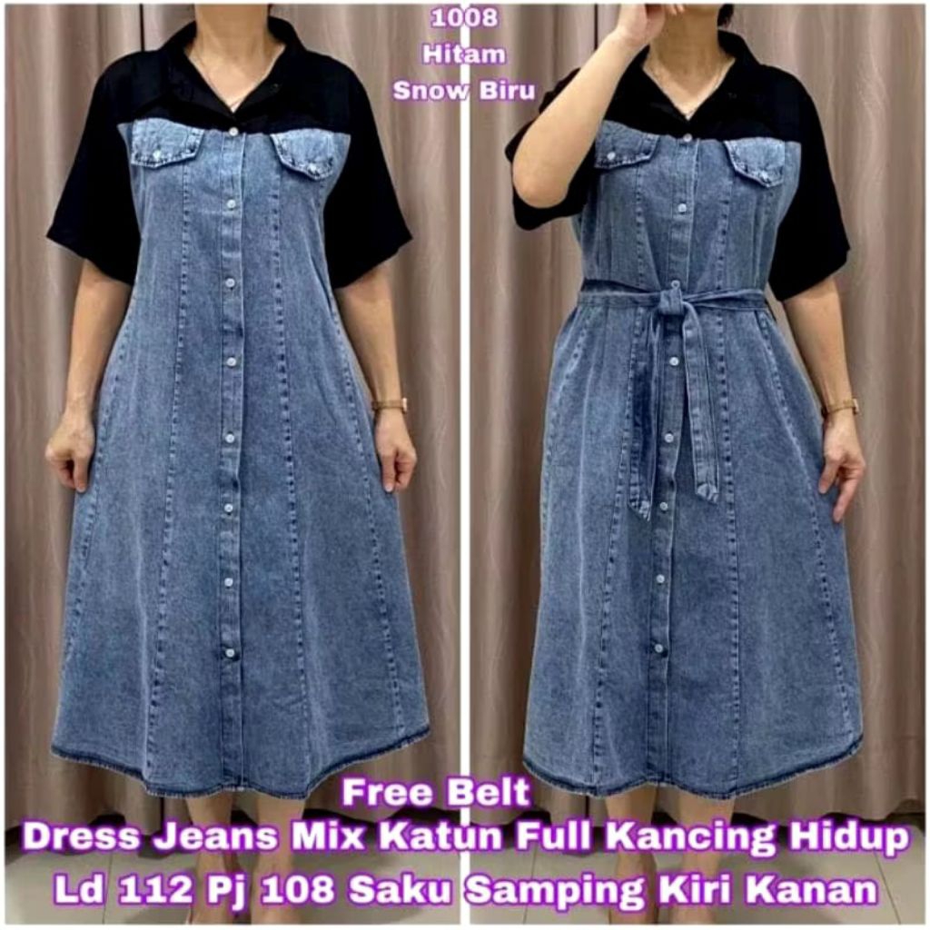 GGH Dress Wanita Jeans Denim Jumbo LD112 full kancing midi kombinasi katun