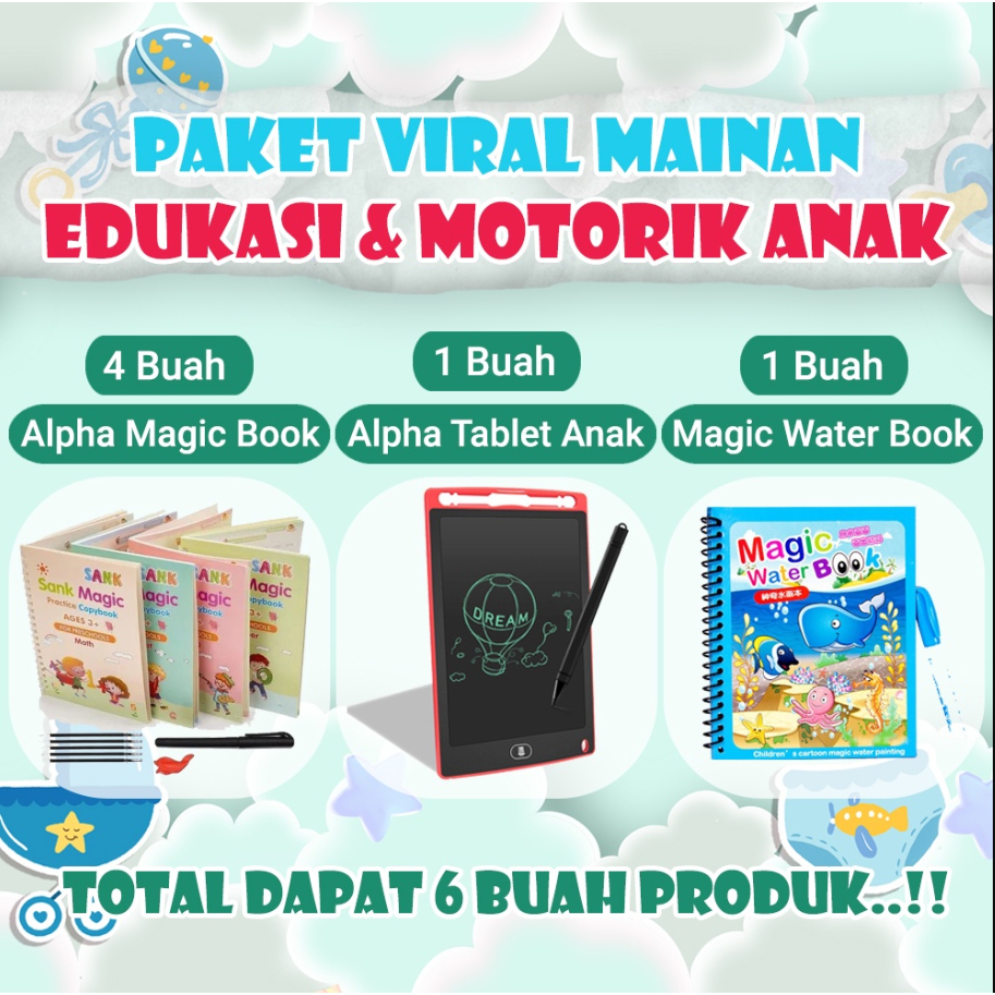 Paket Viral Mainan Edukasi dan Motorik Anak, 4 Magic Book, Tablet LCD Drawing, Book Water magic