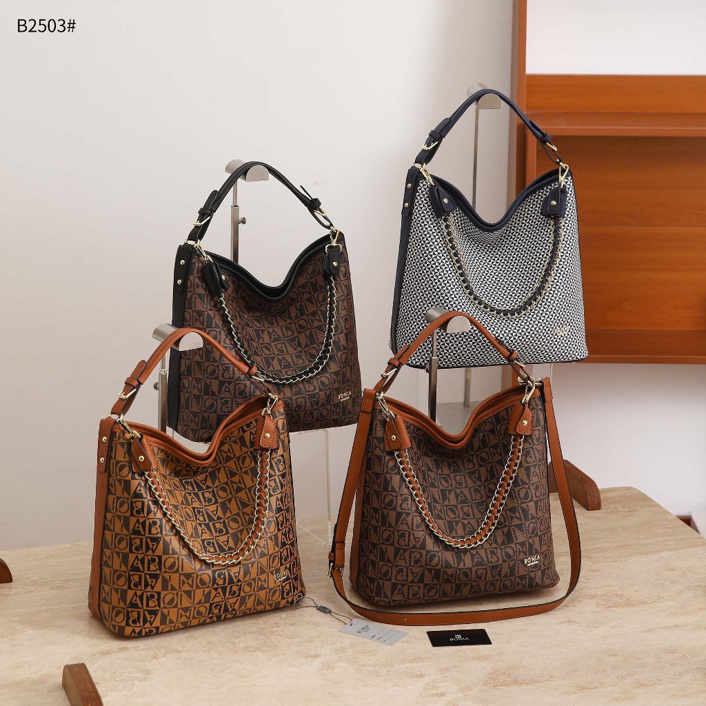 Bonia B2503 Monogram & Canvas Hobo Bag