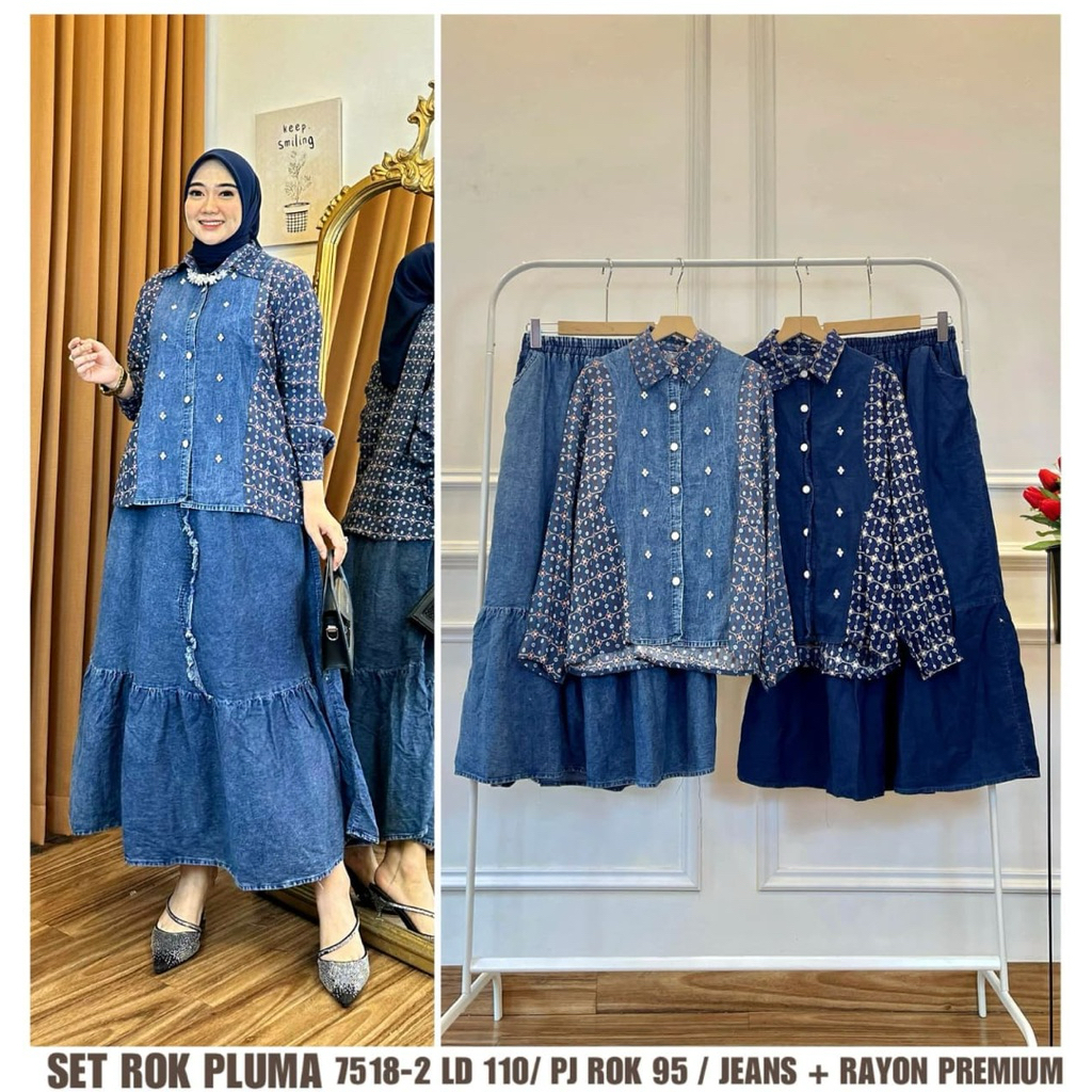 Pluma Set Rok Jeans | Setelan Rok Jeans Denim Wanita Remaja