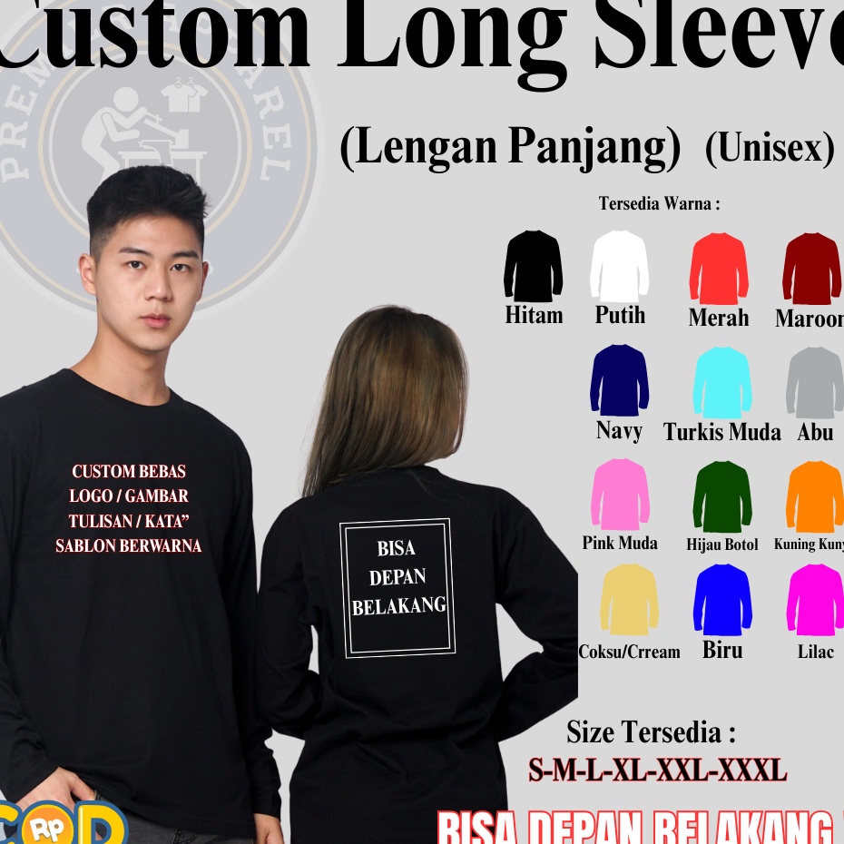 Update CUSTOM KAOS LENGAN PANJANG 13 WARNA PRIA WANITA SABLON KAOS 3S