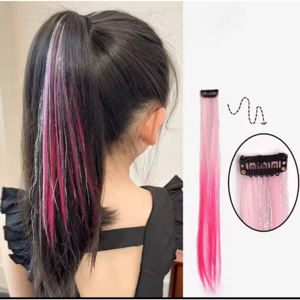 RCS - hairclip glitter hairpiece rambut palsu highlight sparkle laser warna warni pink biru
