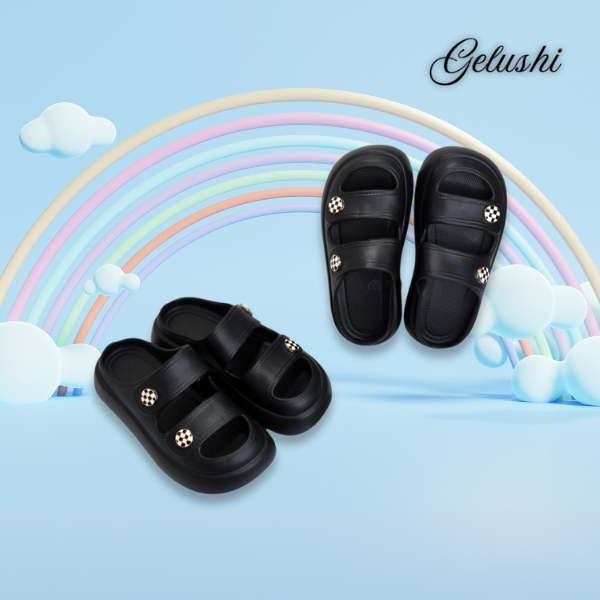 HILO'S Sandal Slip On Hitam dengan Hiasan Kancing Perhiasan Tinggi 4 CM